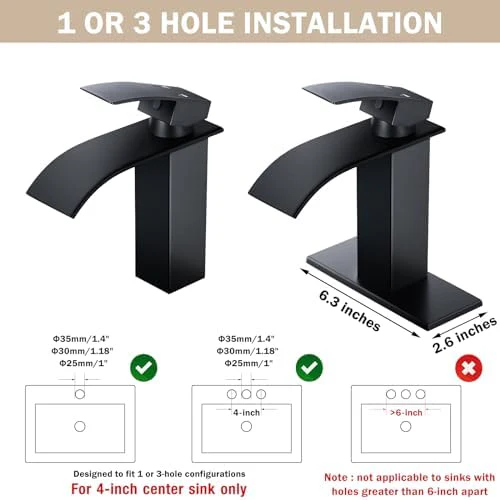 Qomolangma Waterfall Bathroom Faucet, Matte Black Modern Single Handle Bathroom Faucets for 1 or 3 Hole Bathroom Sink Faucet Mixer Tap Washbasin Faucet with Deck, Pop-up Drain and Supply Hoses - Image 4