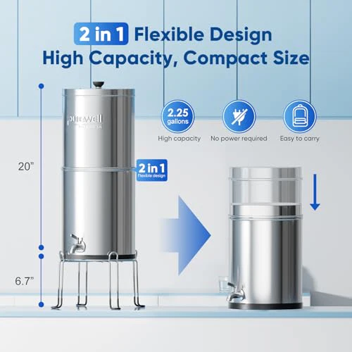 Purewell 3-Stage 0.01μm Ultra-Filtration Gravity Water Filter System, NSF/ANSI 42&372 Certification, 304 Stainless Steel Countertop System with 2 Filters and Stand, Reduce 99% Chlorine, 2.25G, PW-OB - Image 7