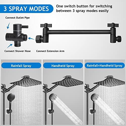 High/Low Pressure Water Rain Shower Head with 11 Inch Adjustable Extension Arm and 5 Settings Handheld Shower Head Combo,Powerful Shower Spray - Matte Black, 12 Inch - Image 2