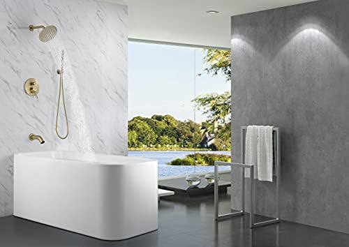 SUMERAIN Shower System with Tub Spout and Handheld Shower, Brass Rain Shower Tub Set with 8 Inches Shower Head and Rough in Valve Brushed Gold - Image 4