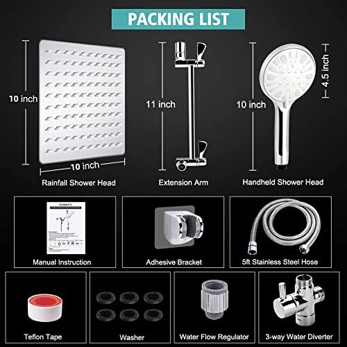 10 Inch High Pressure Rainfall Shower Head/Handheld Shower Combo with 11 Inch Extension Arm, 9 Settings Adjustable Anti-leak with Holder/Hose, Height/Angle Adjustable, Chrome - Image 7