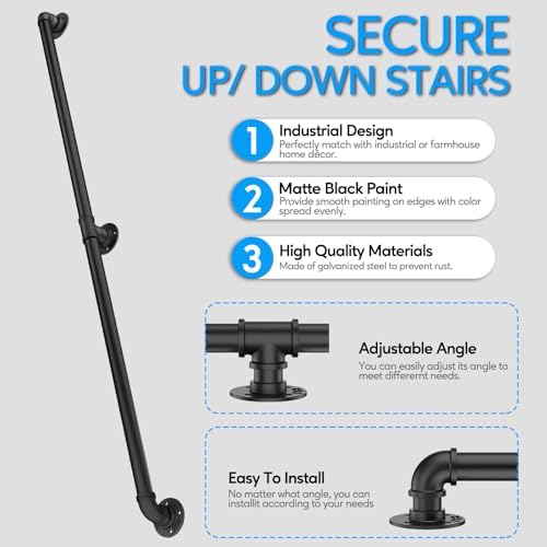 Pipe Stair Handrail, 3 Ft Metal Staircase Handrail, Black Galvanized Industrial Iron Hand Rail for Indoor & Outdoor Wall Mount Support, Wall Hand Railing,Safety Handle, Steps Baluster(HR01) - Image 2