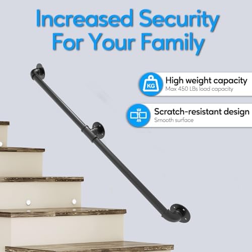 Pipe Stair Handrail, 3 Ft Metal Staircase Handrail, Black Galvanized Industrial Iron Hand Rail for Indoor & Outdoor Wall Mount Support, Wall Hand Railing,Safety Handle, Steps Baluster(HR01) - Image 5