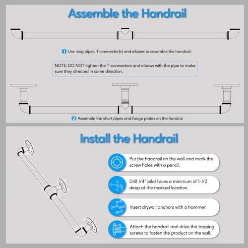 Pipe Stair Handrail, 3 Ft Metal Staircase Handrail, Black Galvanized Industrial Iron Hand Rail for Indoor & Outdoor Wall Mount Support, Wall Hand Railing,Safety Handle, Steps Baluster(HR01) - Image 6