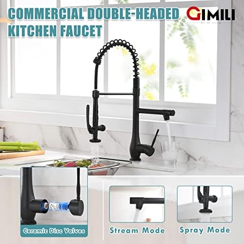 GIMILI Matte Black Kitchen Faucet with Pull Down Sprayer Single Handle High Pressure Kitchen Sink Faucet Commercial Double-Headed Kitchen Faucets - Image 3