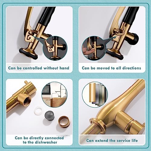 GIMILI Brushed Gold Kitchen Faucet with Pull Down Sprayer Single Handle High Pressure Brass Kitchen Sink Faucet Commercial Double-Headed Kitchen Faucets Sink with Deck Plate - Image 4