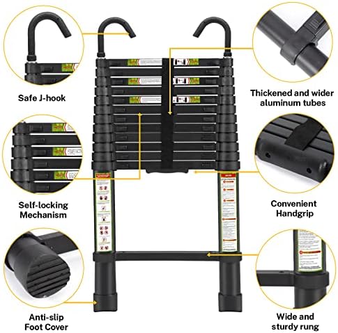 Telescopic Ladder, 12.5FT RIKADE Aluminum Telescoping Ladder with Non-Slip Feet and Stable Hook, Portable Extension Ladder for Household and Outdoor Working, 330lb Capacity Black - Image 3