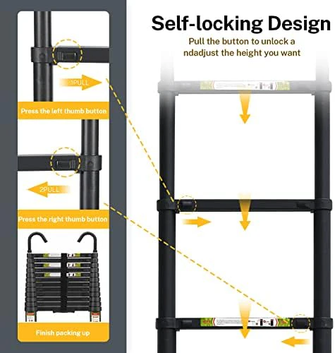 Telescopic Ladder, 12.5FT RIKADE Aluminum Telescoping Ladder with Non-Slip Feet and Stable Hook, Portable Extension Ladder for Household and Outdoor Working, 330lb Capacity Black - Image 5