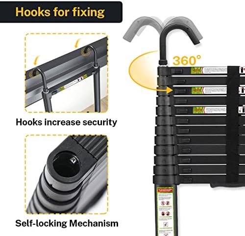 Telescopic Ladder, 12.5FT RIKADE Aluminum Telescoping Ladder with Non-Slip Feet and Stable Hook, Portable Extension Ladder for Household and Outdoor Working, 330lb Capacity Black - Image 7