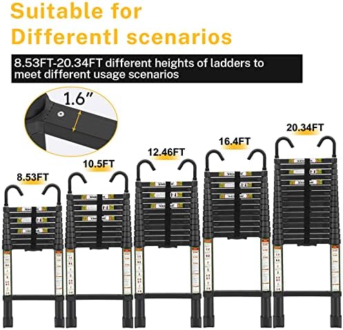 Telescopic Ladder, 12.5FT RIKADE Aluminum Telescoping Ladder with Non-Slip Feet and Stable Hook, Portable Extension Ladder for Household and Outdoor Working, 330lb Capacity Black - Image 8