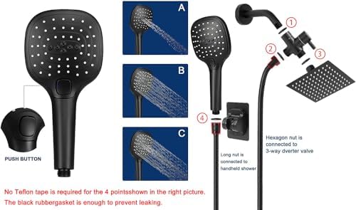 NearMoon Shower Head with Hose, High Pressure Stainless Steel Rain Shower and 3 Settings Handheld Spray Combo with Push Button Flow Control (8 Inch Showerhead Set, Matte Black) - Image 3