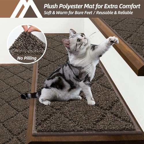COSY HOMEER Edging Stair Treads Non-Slip Carpet Mat 28inX9in Indoor Stair Runners for Wooden Steps, Edging Stair Rugs for Kids and Dogs, 100% Polyester TPE Backing (4pc, Brown) - Image 3