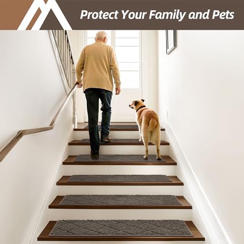 COSY HOMEER Edging Stair Treads Non-Slip Carpet Mat 28inX9in Indoor Stair Runners for Wooden Steps, Edging Stair Rugs for Kids and Dogs, 100% Polyester TPE Backing (15pc, Brown) - Image 6