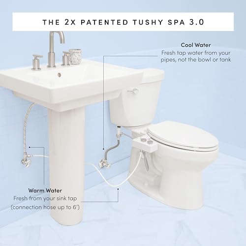 TUSHY Spa Warm Water Bidet Attachment for Toilet. Universal Fit, Easy Install (Requires Sink Access for Optional Temperature Control) Self Cleaning, Adjustable Pressure, Angle Control, Platinum Knob - Image 2