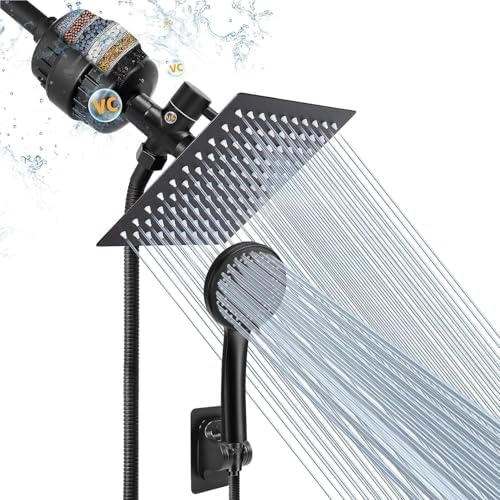 NearMoon Filtered Rain Shower Head, High Pressure 8″Square, and 5 settings Handheld Shower Filter Combo with Self-adhesive Holder/1.5M Hose -1 Replaceable Filter Cartridge (Matte Black)