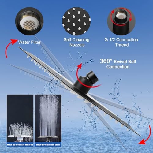 NearMoon Filtered Rain Shower Head, High Pressure 8″Square, and 5 settings Handheld Shower Filter Combo with Self-adhesive Holder/1.5M Hose -1 Replaceable Filter Cartridge (Matte Black) - Image 4