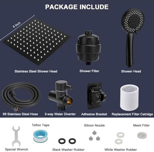 NearMoon Filtered Rain Shower Head, High Pressure 8″Square, and 5 settings Handheld Shower Filter Combo with Self-adhesive Holder/1.5M Hose -1 Replaceable Filter Cartridge (Matte Black) - Image 7