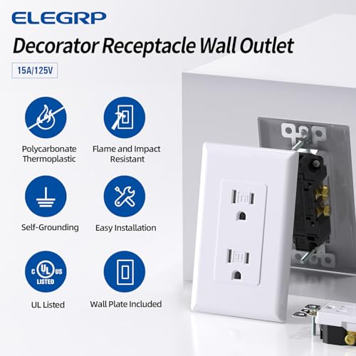 ELEGRP Decorator Receptacle, 15A 125V Standard Electrical Wall Outlet, Non-TR, 2 Pole 3 Wire, Self-Grounding Residential Grade, Screwless Wall Plate Included, UL Listed (10 Pack, Glossy White) - Image 2