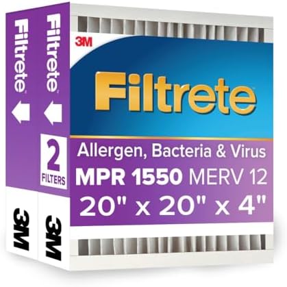 Filtrete 20x20x4 AC Furnace Air Filter, MPR 1550, MERV 12, Fits Honeywell, CERTIFIED Asthma & Allergy Friendly, Electrostatic Air Cleaning Filter, 2-Pack (actual size 19.88 x 19.88 x 4.31)