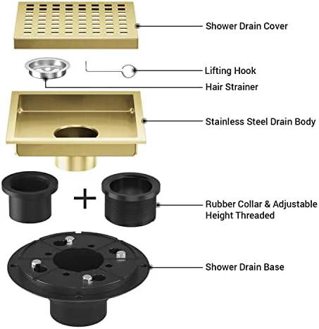 EXF Shower Drain 6 Inch Brushed Gold, Stainless Steel Square Shower Floor Drain Kit with ABS Flange, Removable Cover Grid Grate, Hair Strainer - Image 3