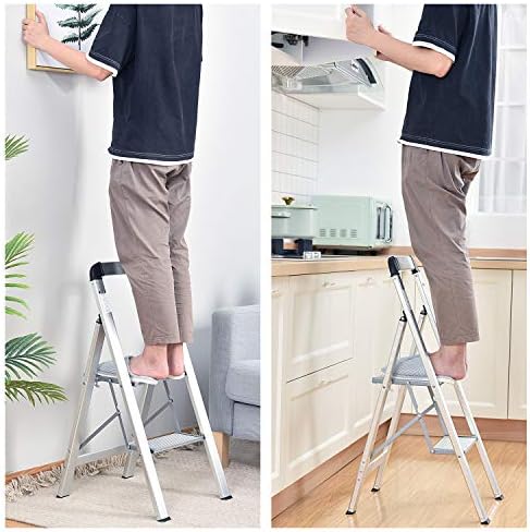 KINGRACK Aluminium 2 Step Ladder, Lightweight Step Stool with Non-Slip Pedals, Handrail, 330LBS Foldable Step Ladder for Kitchen, Garage, Home, Space Saving, Sturdy and Portable, Silver - Image 7