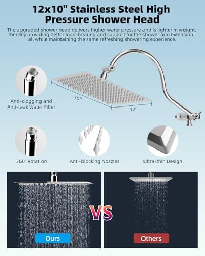 Hibbent 12'' All Metal Shower Head, High Pressure Rainfall Shower Head, Handheld Showerhead Combo, 12'' Adjustable Curved Shower Extension Arm, 7-Spray, 71'' Hose, Adhesive Showerhead Holder, Chrome - Image 4