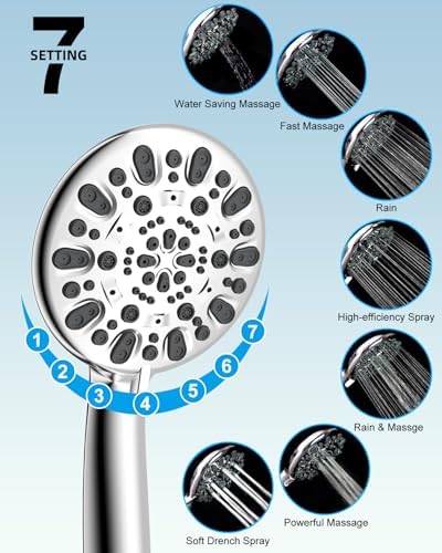 Hibbent 12'' All Metal Shower Head, High Pressure Rainfall Shower Head, Handheld Showerhead Combo, 12'' Adjustable Curved Shower Extension Arm, 7-Spray, 71'' Hose, Adhesive Showerhead Holder, Chrome - Image 5