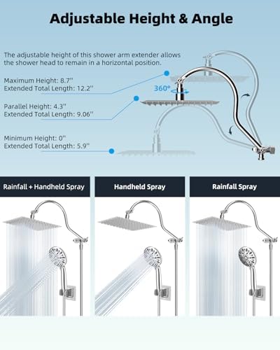 Hibbent 12'' All Metal Shower Head, High Pressure Rainfall Shower Head, Handheld Showerhead Combo, 12'' Adjustable Curved Shower Extension Arm, 7-Spray, 71'' Hose, Adhesive Showerhead Holder, Chrome - Image 6