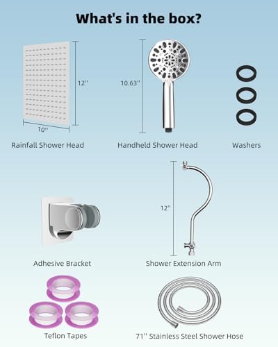 Hibbent 12'' All Metal Shower Head, High Pressure Rainfall Shower Head, Handheld Showerhead Combo, 12'' Adjustable Curved Shower Extension Arm, 7-Spray, 71'' Hose, Adhesive Showerhead Holder, Chrome - Image 7