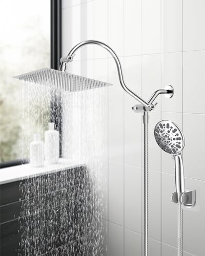 Hibbent 12'' All Metal Shower Head, High Pressure Rainfall Shower Head, Handheld Showerhead Combo, 12'' Adjustable Curved Shower Extension Arm, 7-Spray, 71'' Hose, Adhesive Showerhead Holder, Chrome - Image 8