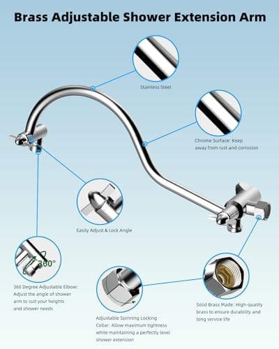 Hibbent 12'' All Metal Shower Head, High Pressure Rainfall Shower Head, Handheld Showerhead Combo, 12'' Adjustable Curved Shower Extension Arm, 7-Spray, 71'' Hose, Adhesive Showerhead Holder, Chrome - Image 9