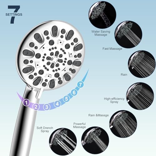 Hibbent All Metal Shower Head, 10'' High Pressure Rainfall Shower Head/Handheld Showerhead Combo with 12'' Adjustable Curved Shower Extension Arm, 7 Sprays, 71'' Shower Hose, Showerhead Holder, Chrome - Image 5