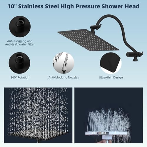 Hibbent All Metal High Pressure Rainfall 10 Inch Shower Head/Handheld Showerhead Combo/ 12 Inch Adjustable Curved Shower Extension Arm, 7-Spray, 71-inch Hose, Adhesive Showerhead Holder, Matte Black - Image 4