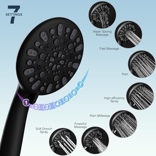 Hibbent All Metal High Pressure Rainfall 10 Inch Shower Head/Handheld Showerhead Combo/ 12 Inch Adjustable Curved Shower Extension Arm, 7-Spray, 71-inch Hose, Adhesive Showerhead Holder, Matte Black - Image 5