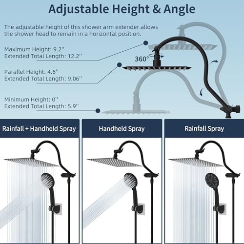 Hibbent All Metal High Pressure Rainfall 10 Inch Shower Head/Handheld Showerhead Combo/ 12 Inch Adjustable Curved Shower Extension Arm, 7-Spray, 71-inch Hose, Adhesive Showerhead Holder, Matte Black - Image 6