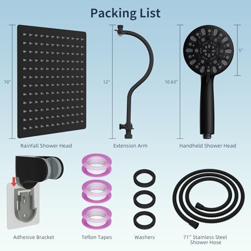 Hibbent All Metal High Pressure Rainfall 10 Inch Shower Head/Handheld Showerhead Combo/ 12 Inch Adjustable Curved Shower Extension Arm, 7-Spray, 71-inch Hose, Adhesive Showerhead Holder, Matte Black - Image 7