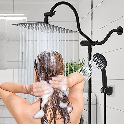 Hibbent All Metal High Pressure Rainfall 10 Inch Shower Head/Handheld Showerhead Combo/ 12 Inch Adjustable Curved Shower Extension Arm, 7-Spray, 71-inch Hose, Adhesive Showerhead Holder, Matte Black - Image 8