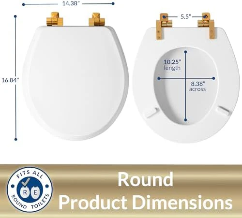 Mayfair Bennett Toilet Seat with Brushed Gold Hinges, Slow Close Wood Seat, Secure Metal Hinges, Easy Install, Made in USA, Round, White - Image 5
