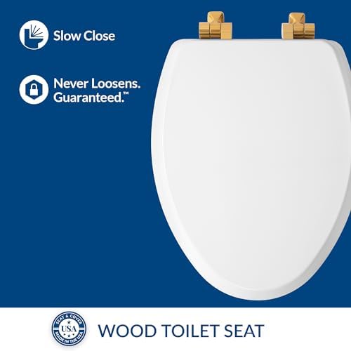 Mayfair Bennett Toilet Seat with Brushed Gold Hinges, Slow Close Wood Seat, Secure Metal Hinges, Easy Install, Made in USA, Elongated, White - Image 3