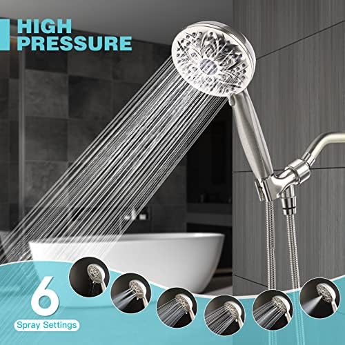 JDO Shower Head with Handheld, High Pressure Handheld Shower Head 6 Settings, Detachable Set with Stainless Steel Hose and Shower Bracket (Brushed Nickel) - Image 2