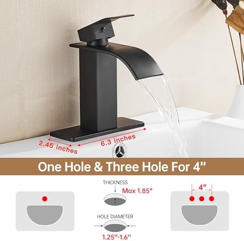 Fransiton Black Waterfall Bathroom Faucet Lavatory Single Handle 1 or 3 Hole Bathroom Sink Faucet Washbasin Faucet with Deck and Pop-up Drain - Image 2