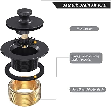 Matte Black Tub Drain and Overflow Kit, Replacement Bath Tub Drain Trim Set,Lift & Turn Bathtub Drain Kit with 2-Hole Overflow Faceplate Conversion Kit Assembly Fine/Coarse Thread - Image 3