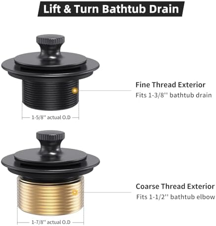 Matte Black Tub Drain and Overflow Kit, Replacement Bath Tub Drain Trim Set,Lift & Turn Bathtub Drain Kit with 2-Hole Overflow Faceplate Conversion Kit Assembly Fine/Coarse Thread - Image 6