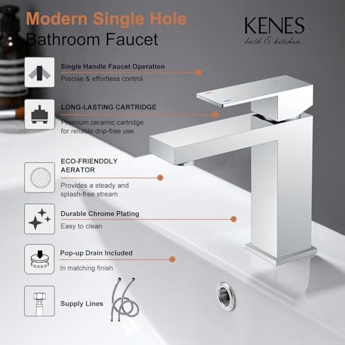 KENES Chrome Bathroom Faucet Single Handle Bathroom Sink Faucet Lavatory Vanity Faucet with Pop Up Drain & Water Supply Lines LJ-9031-5 - Image 3