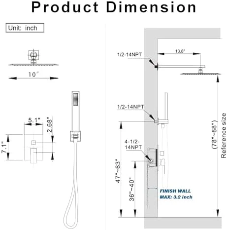 Brushed Nickel Shower System, Shower Faucet Set with 10-Inch Rain Showerhead and Handheld Spray, Wall Mounted High-Pressure Showerhead Combo Set Included Valve and Trim, Brushed Nickel - Image 7