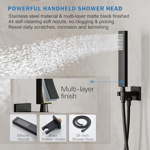 Black Shower System, Shower Faucet Set with 10-Inch Rain Showerhead and Handheld Spray, Wall Mounted High-Pressure Showerhead Combo Set Included Valve and Trim, Matte Black - Image 4