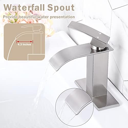 Qomolangma Waterfall Bathroom Faucet, Brushed Nickel Modern Single Handle Bathroom Faucets for 1 or 3 Hole Bathroom Sink Faucet Mixer Tap Washbasin Faucet with Deck, Pop-up Drain and Supply Hoses - Image 3