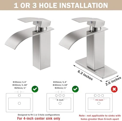 Qomolangma Waterfall Bathroom Faucet, Brushed Nickel Modern Single Handle Bathroom Faucets for 1 or 3 Hole Bathroom Sink Faucet Mixer Tap Washbasin Faucet with Deck, Pop-up Drain and Supply Hoses - Image 5