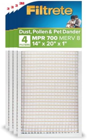 Filtrete 14x20x1 AC Furnace Air Filter, MERV 8, MPR 700, Tough on Pollen, Easy on Airflow, 3-Month Pleated 1-Inch Electrostatic Air Cleaning Filter, 4-Pack (Actual Size 13.688 x 19.688 x 0.78 in )