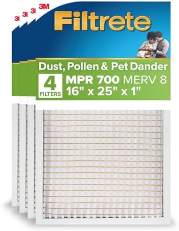 Filtrete 16x25x1 AC Furnace Air Filter, MERV 8, MPR 700, Tough on Pollen, Easy on Airflow, 3-Month Pleated 1-Inch Electrostatic Air Cleaning Filter, 4-Pack (Actual Size 15.69 x 24.69 x 1.56 in )